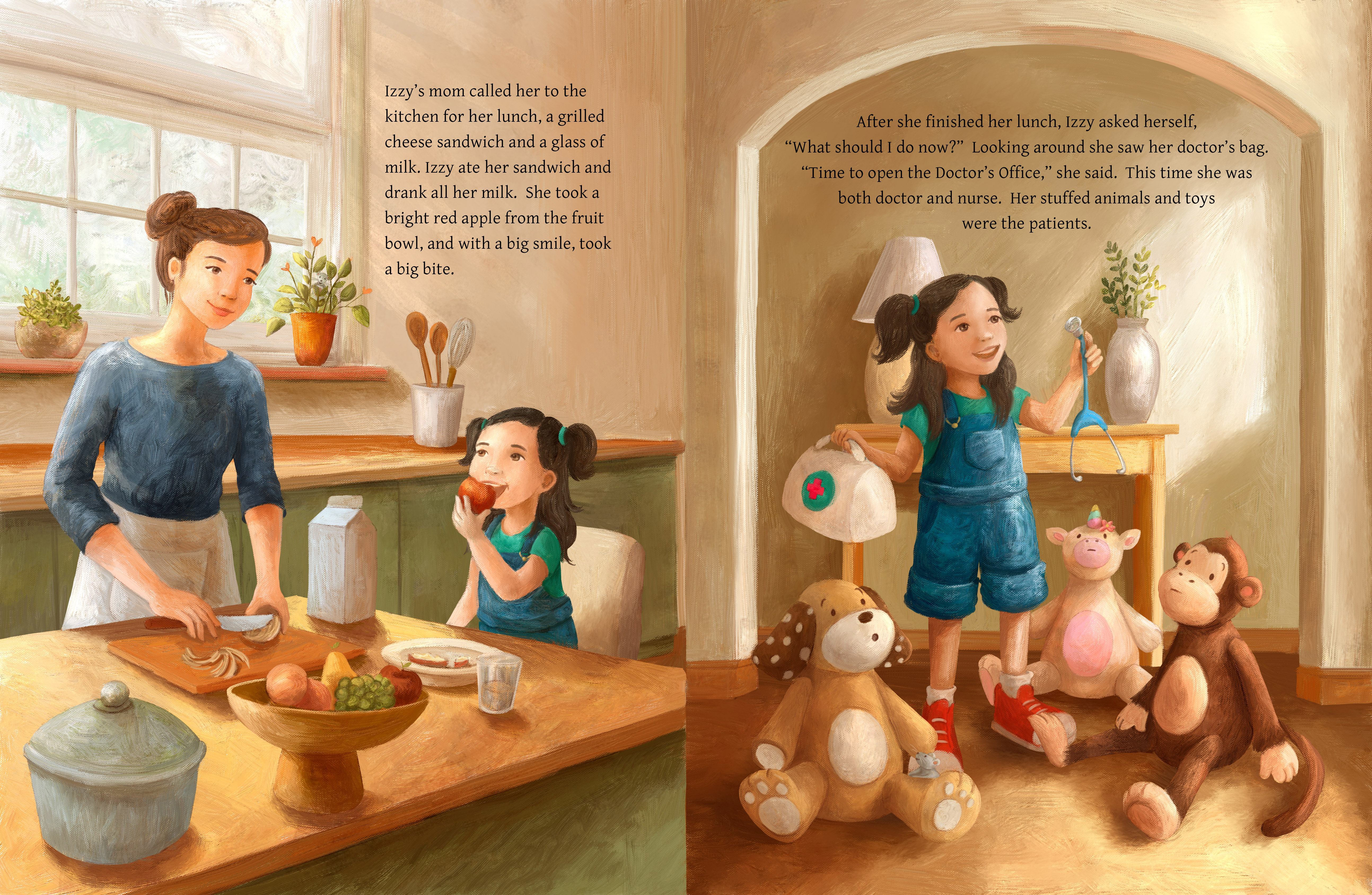 Two-page spread of Izzy having lunch with her mom, then playing doctor with her stuffed animals, from 'Playtime with Izzy'.